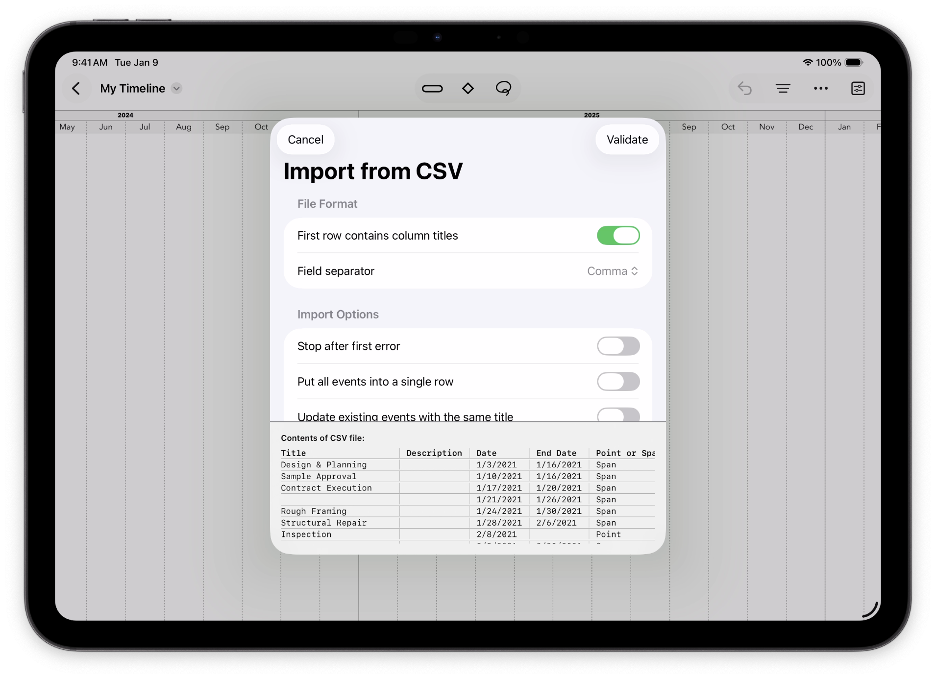 The CSV import dialog