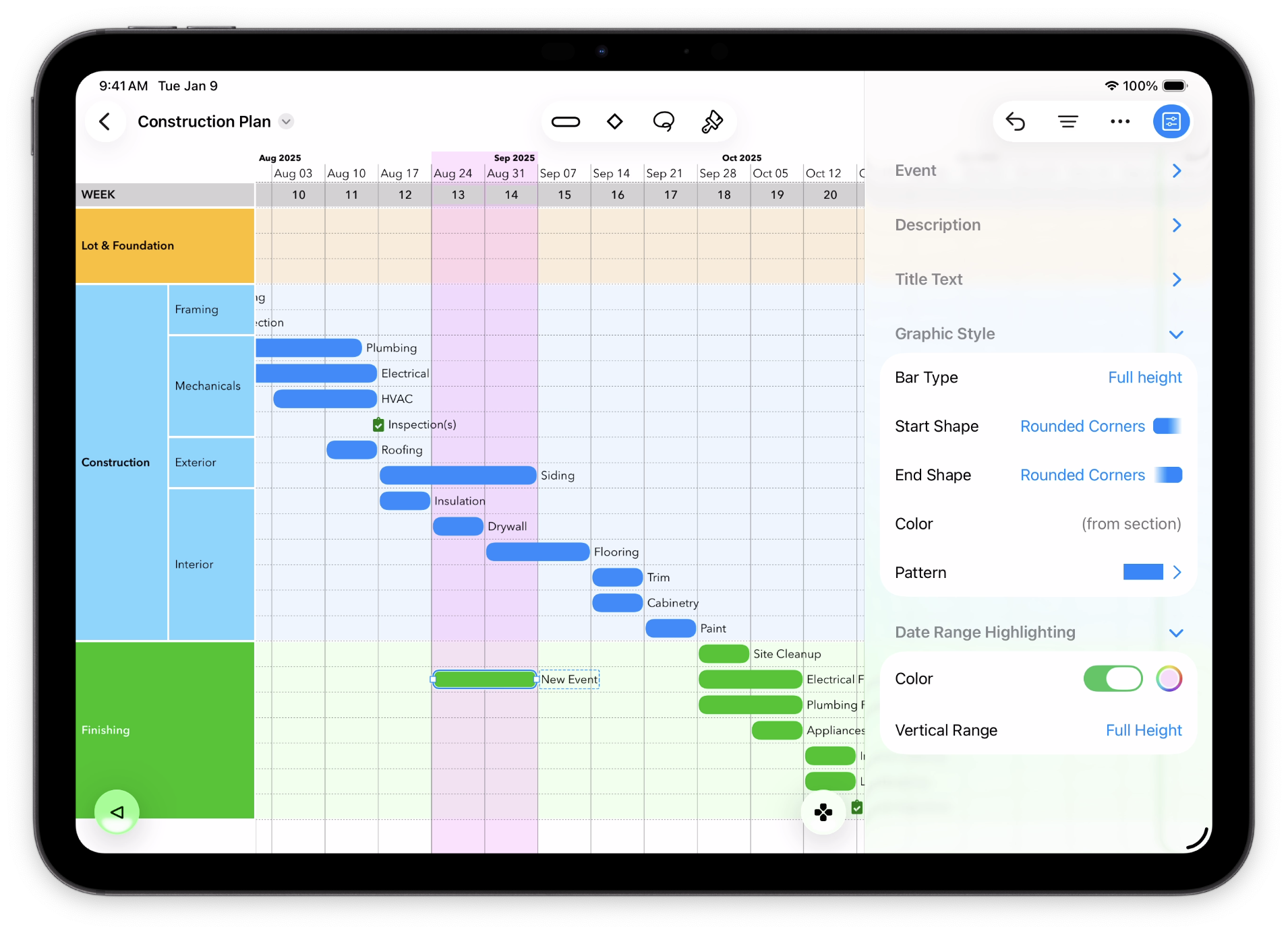 Screenshot of TimeStory, with one event selected, its date range highlighted in a pale blue, and the Date Range Highlighting section of the Inspector visible