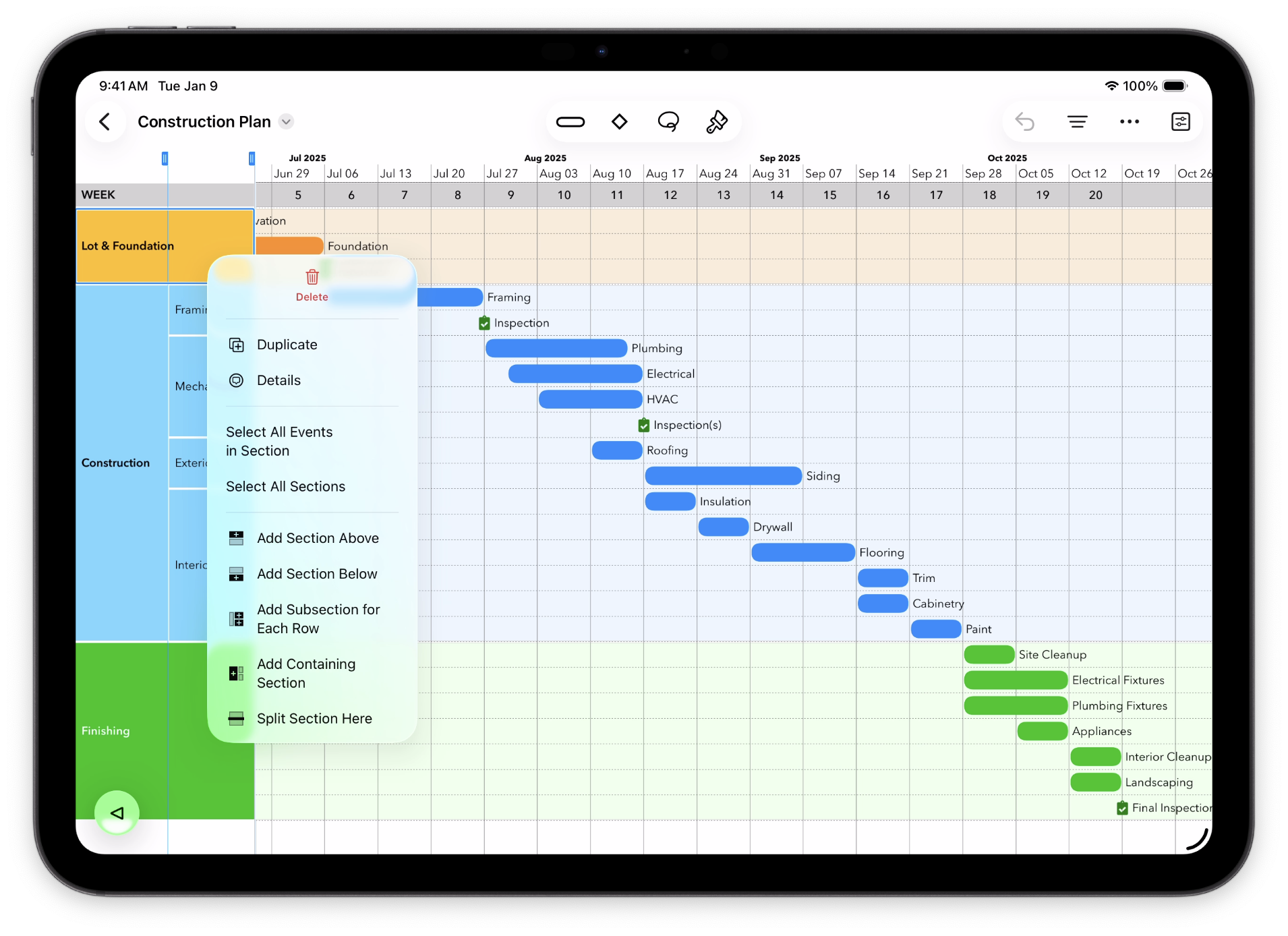 The top of the Section context menu