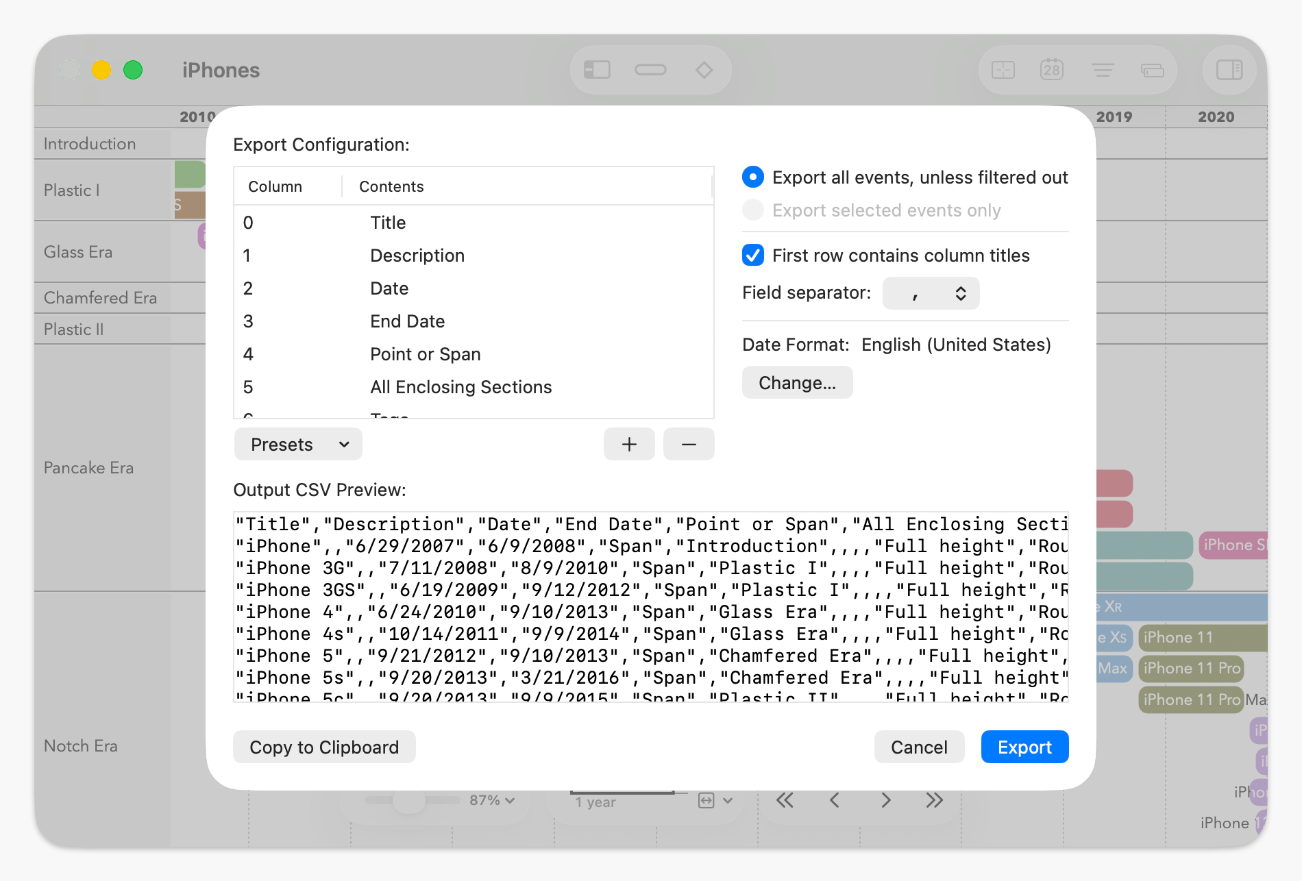The CSV export dialog