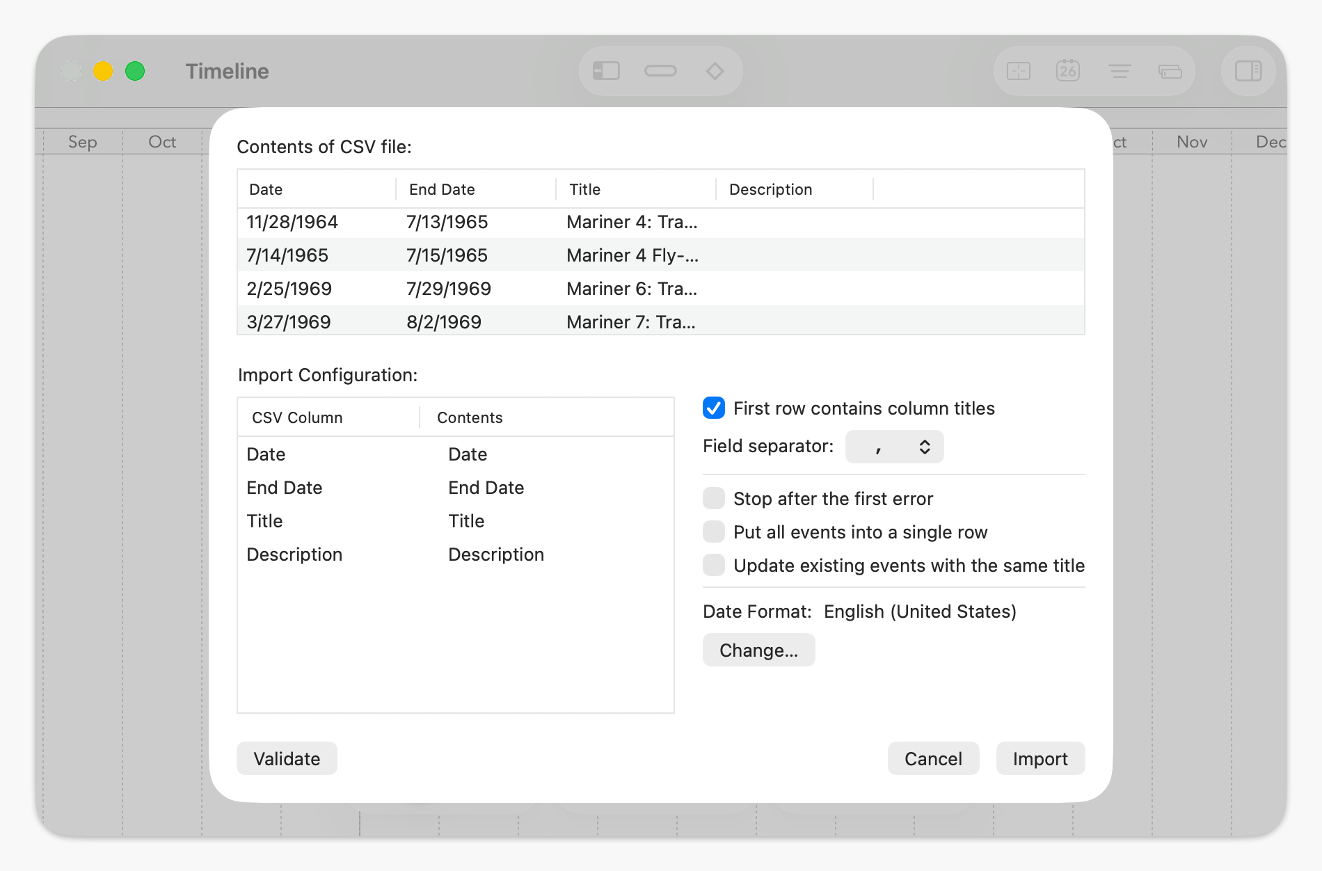 The CSV import dialog