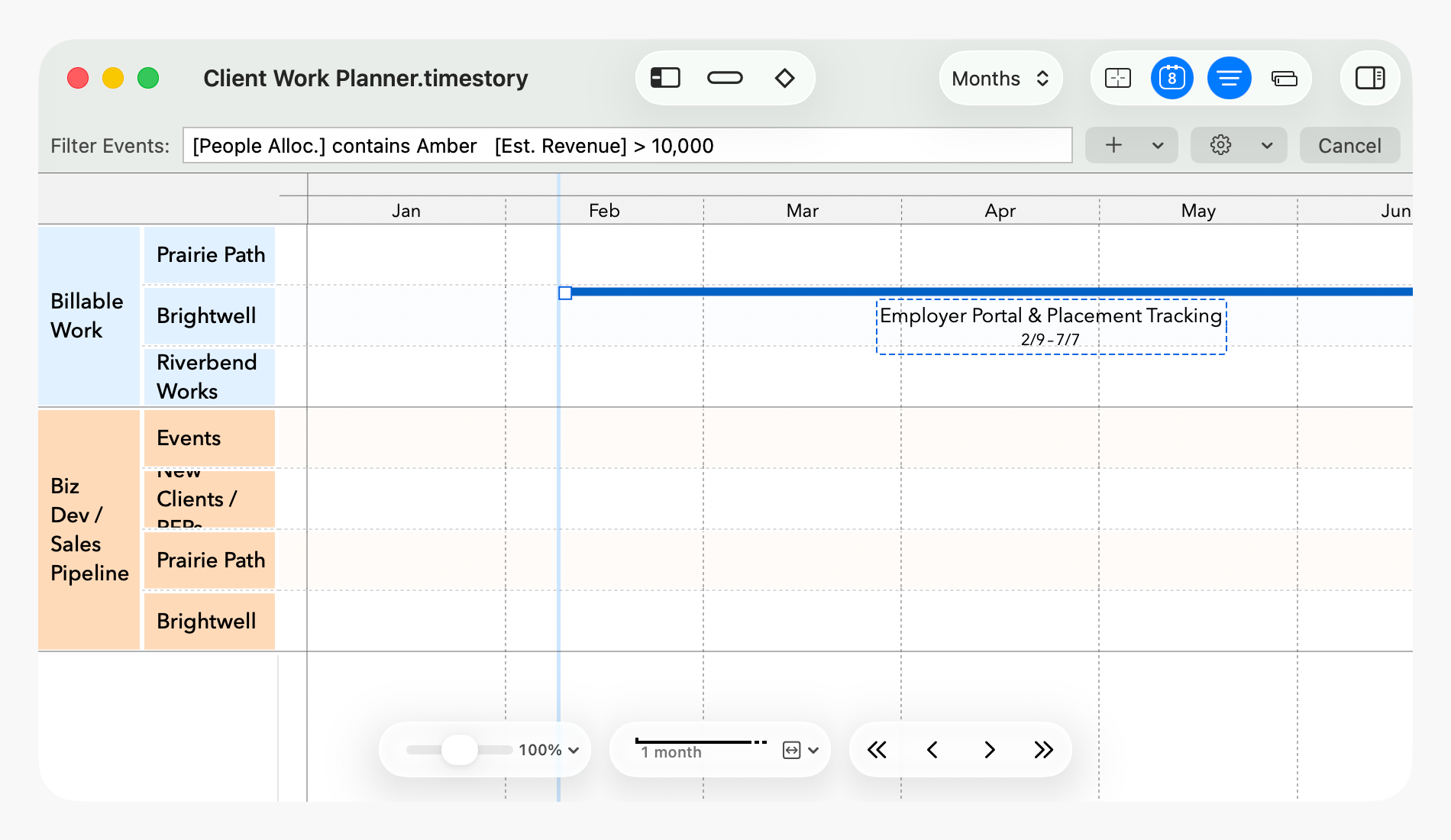 A timeline with an active filter over a couple of properties
