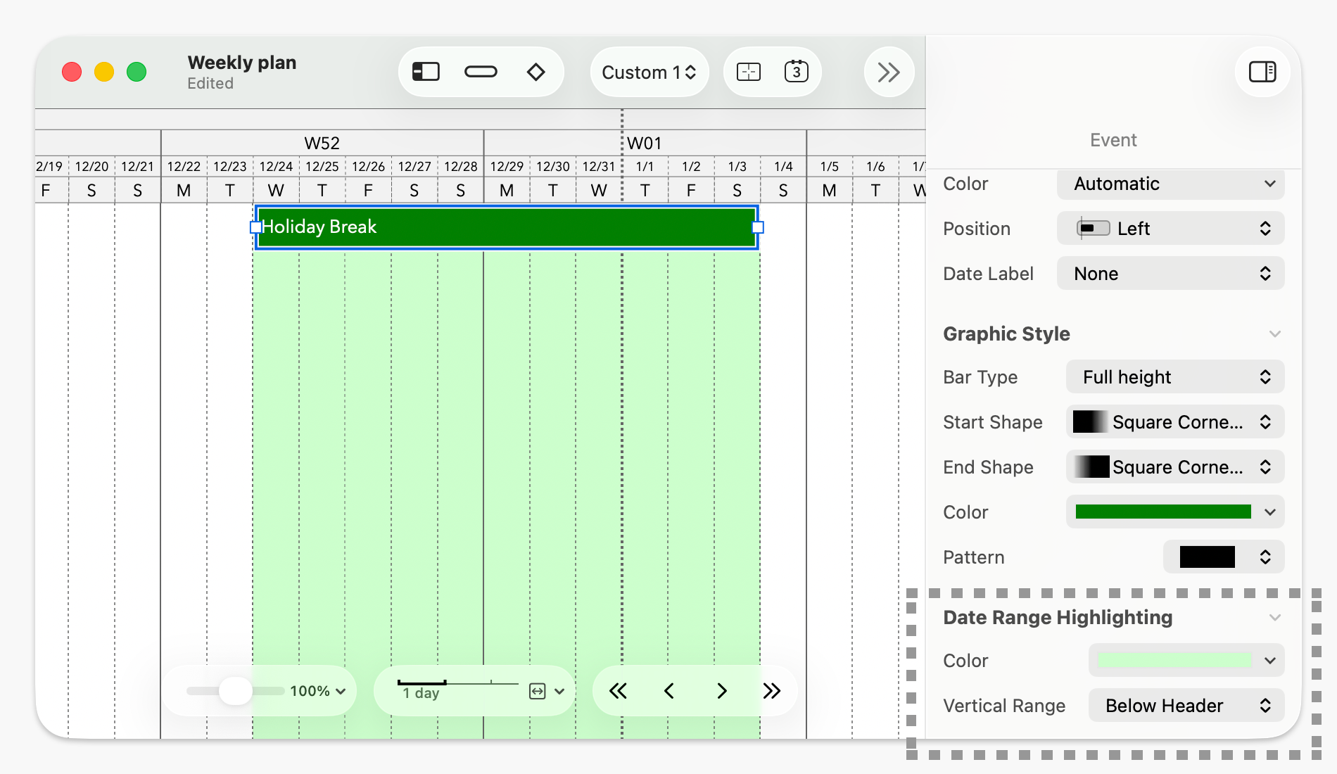 Screenshot of TimeStory, with one event selected, its date range highlighted in a pale blue, and the Date Range Highlighting section of the Inspector visible