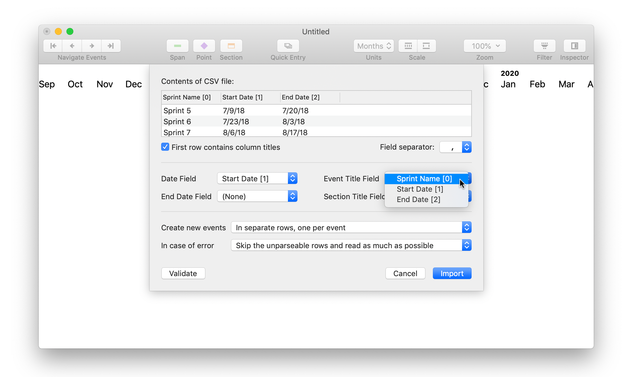 Screenshot of Import CSV dialog