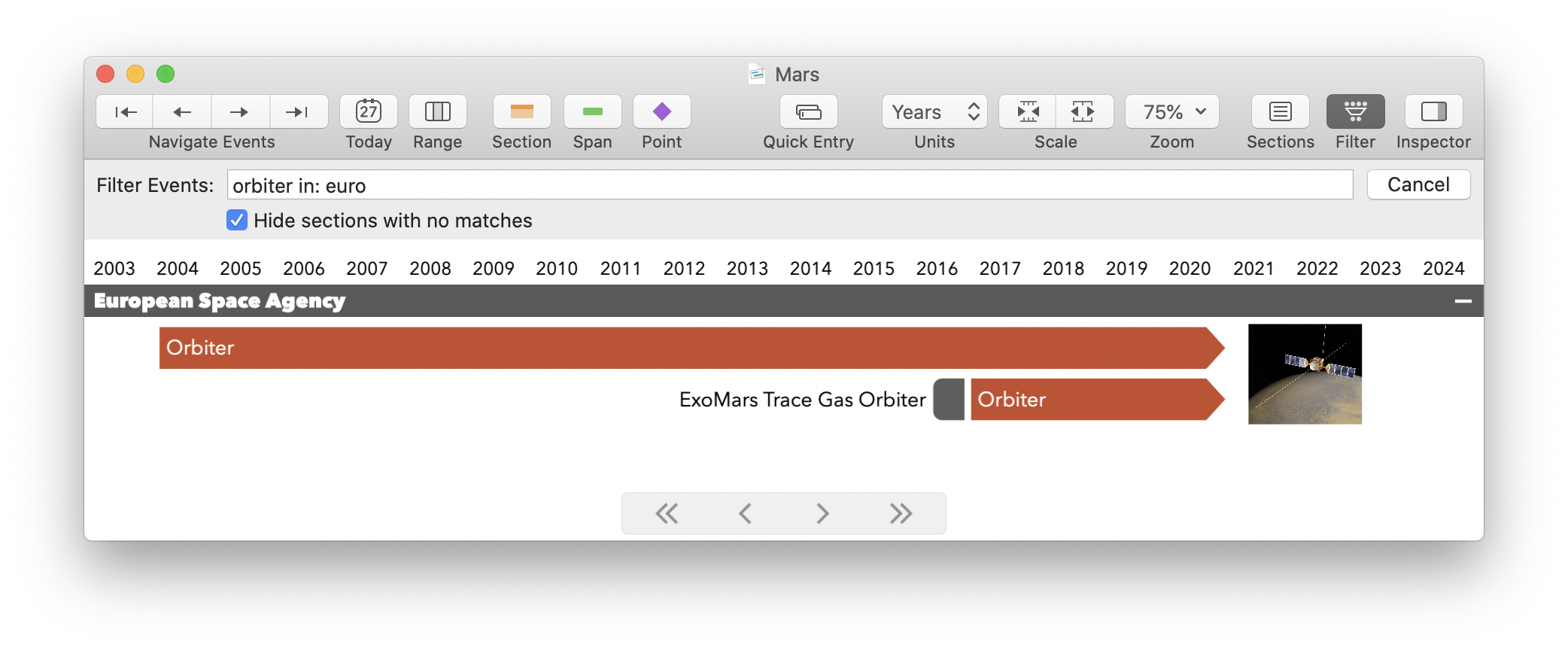 Screenshot: Filtering by section