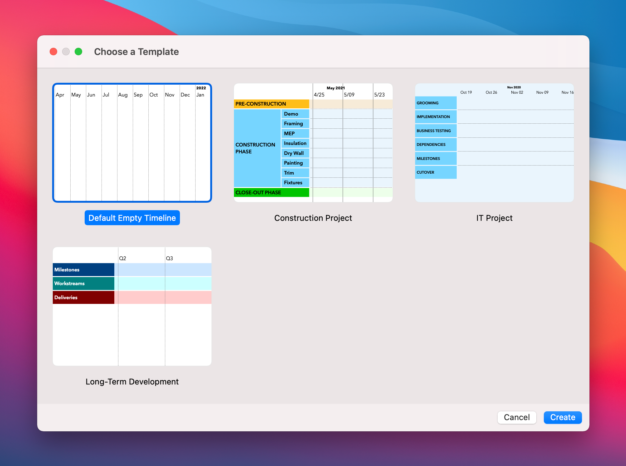 Screenshot: The new Document Template Chooser window in TimeStory