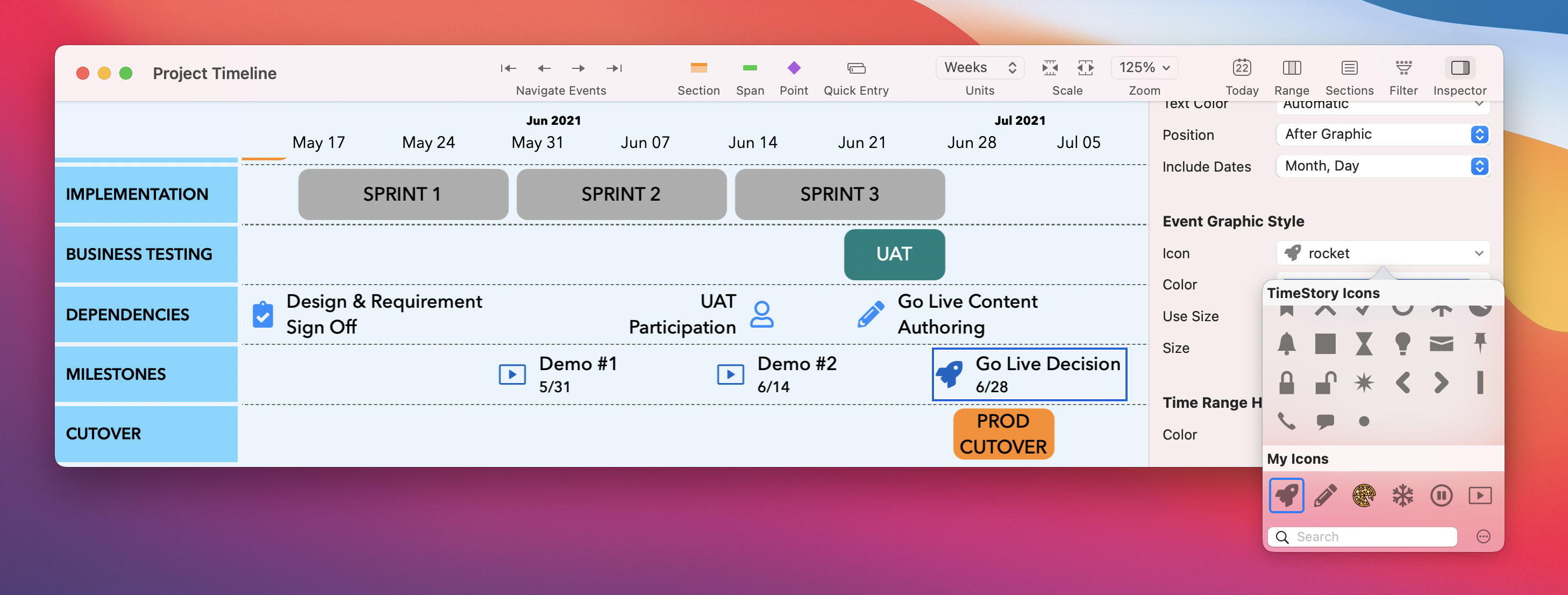 Screenshot: A few events with custom icons, and the updated icon picker