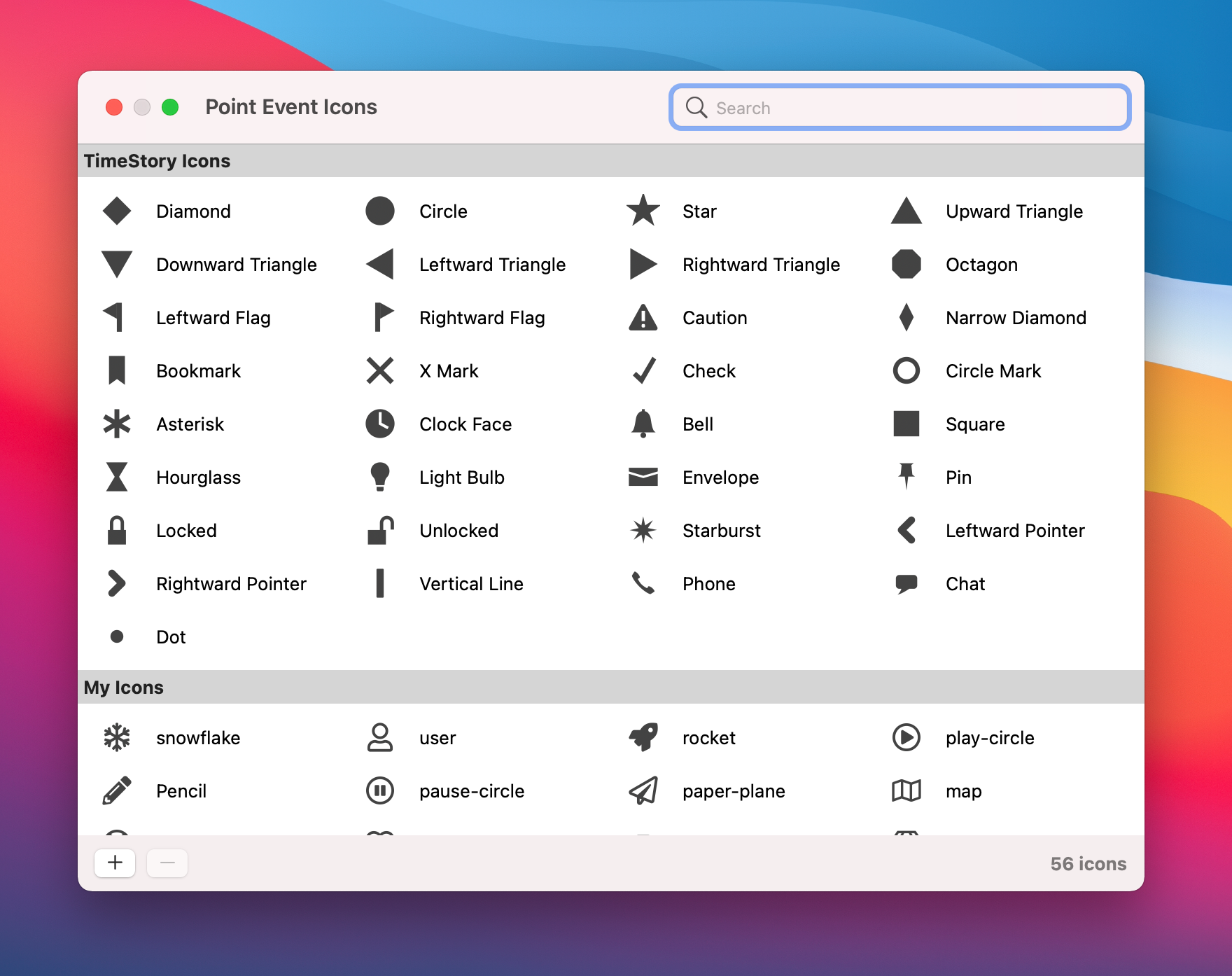 Screenshot: The new Point Event Icons window in TimeStory