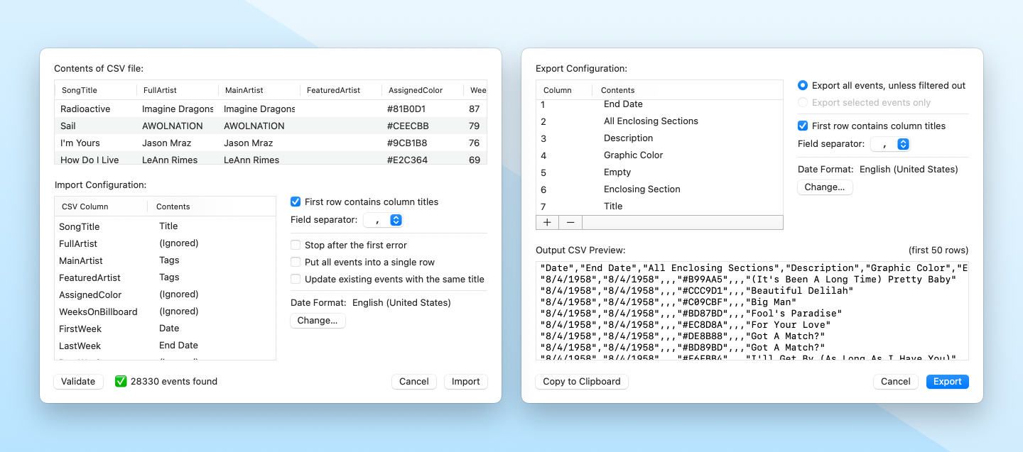 The new CSV import and export dialogs, showing data from a MASSIVE list of the Billboard Top Songs from the '50s through the 2010s
