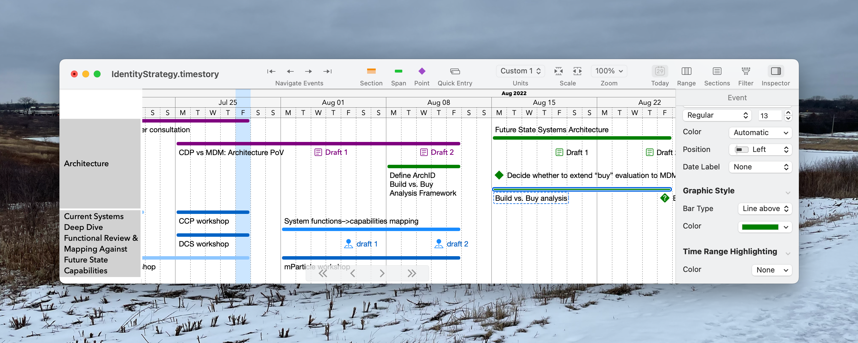 A screenshot of a TimeStory window with various thin-line-style events