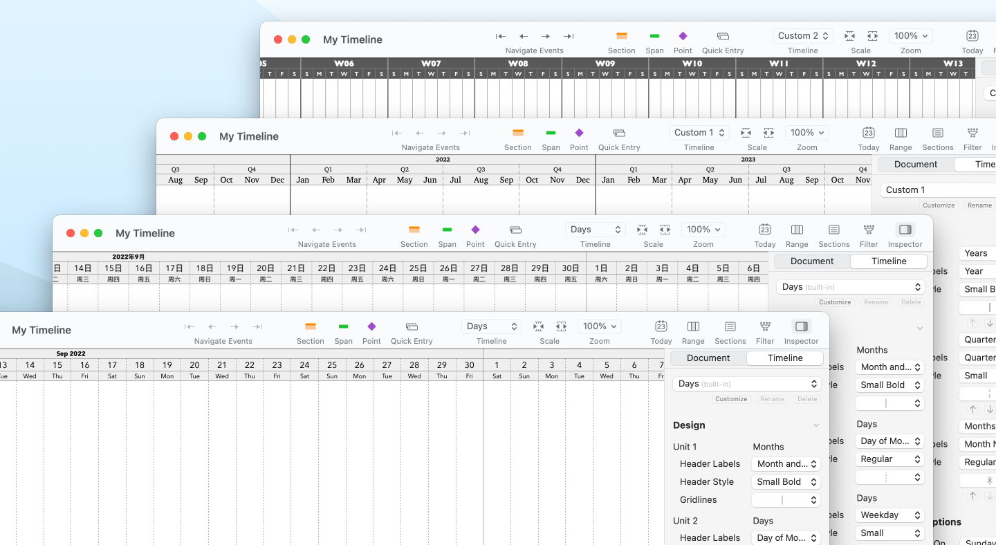 A stack of four TimeStory screenshots showing a variety of timeline heading styles, including background colors, different time units, and a Chinese-language example
