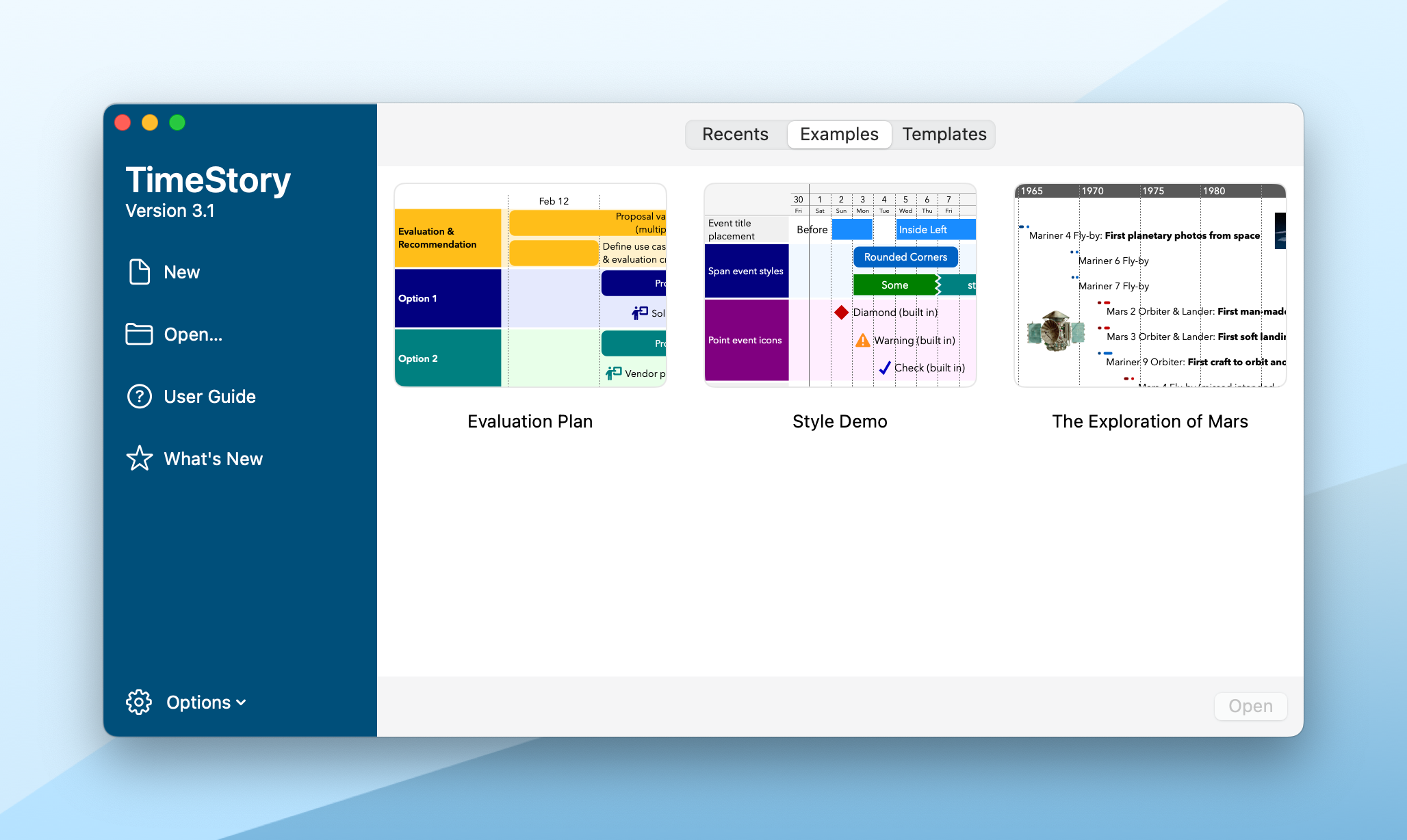 The new TimeStory welcome window