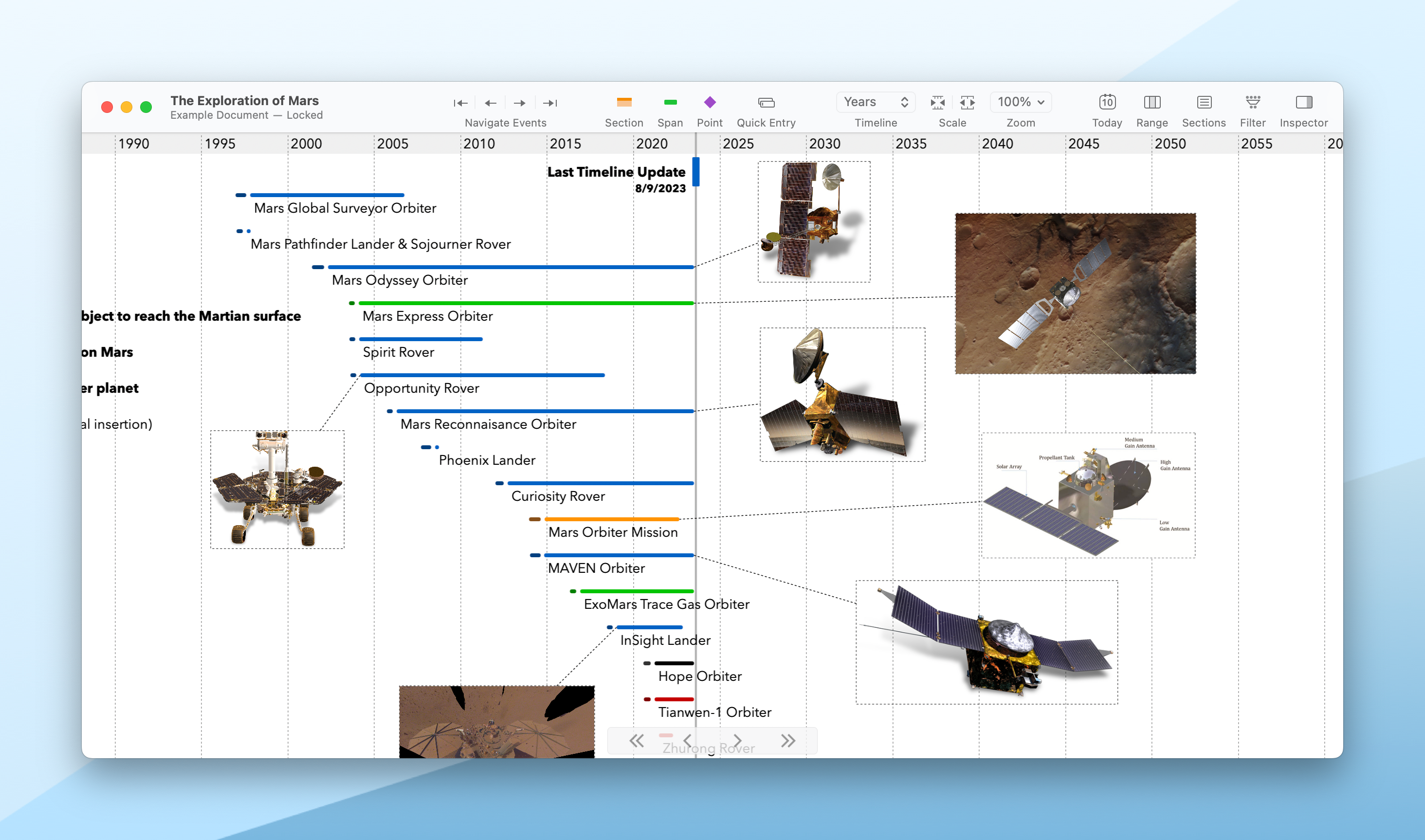A TimeStory window, showing a portion of the Exploration of Mars timeline, in which several spacecraft images are connected to their timeline events with dotted lines