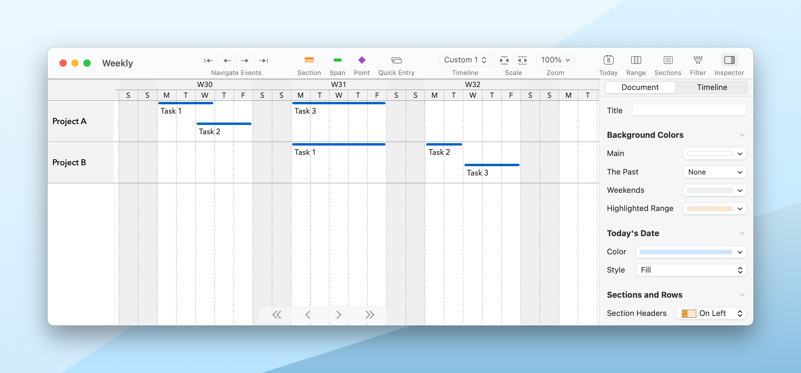 A TimeStory window, divided into days, with Saturday and Sunday of each week shaded grey, and some events and sections