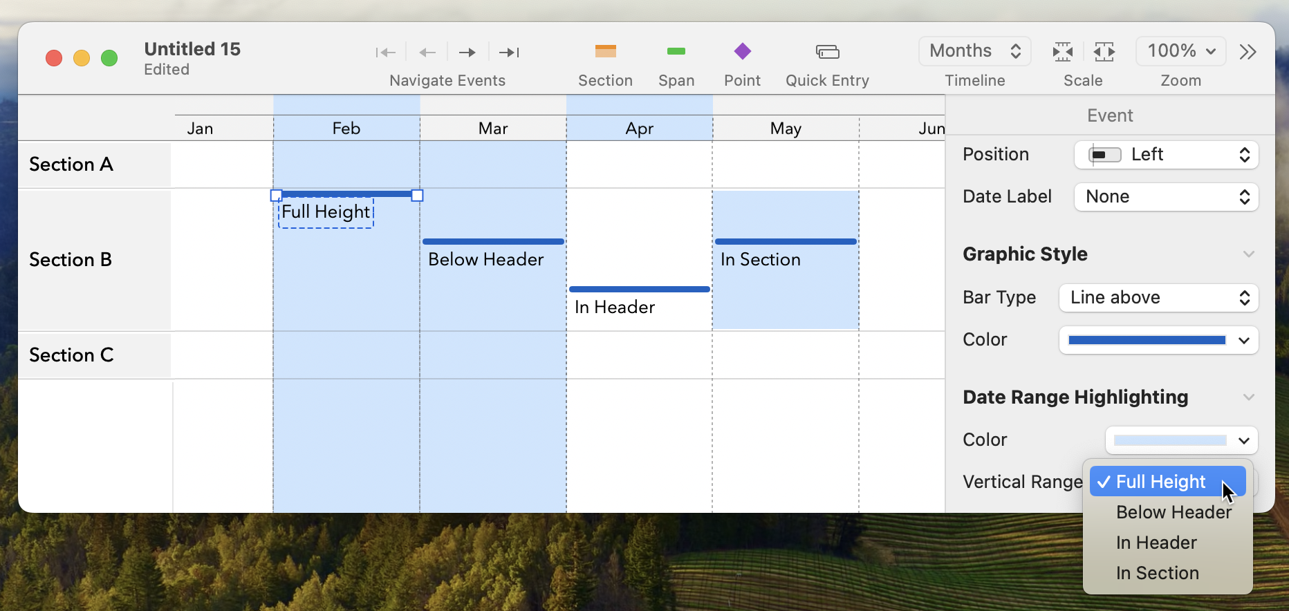 Screenshot of a timeline with four events, labeled with the four date-range highlighting vertical extent options, demonstrating their effects