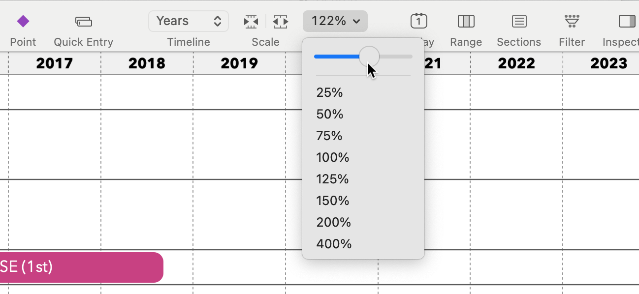 Partial screenshot of TimeStory, with the Zoom toolbar item expanded, showing the new slider control, placed above the pre-existing fixed-percentage values