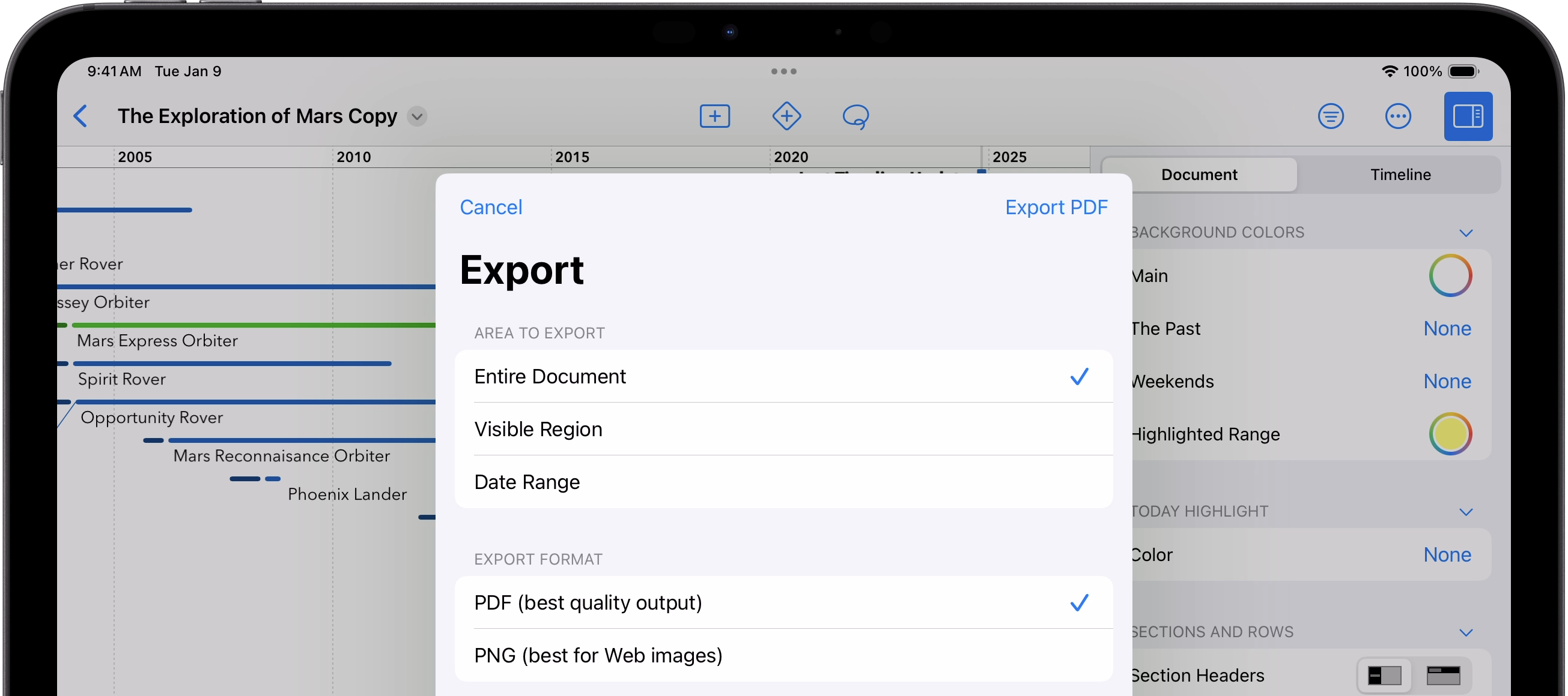 Partial screenshot of TimeStory iPad Edition running in light mode on an iPad. The toolbar, inspector, and export window are all visible, to show off their lightness.