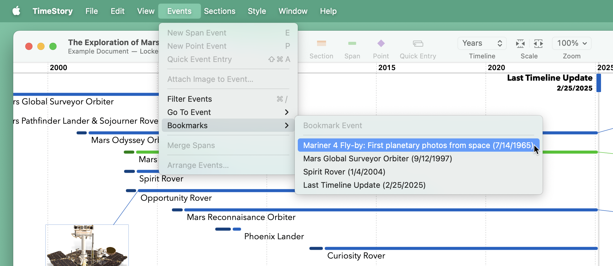 Partial screenshot of TimeStory (Mac version) showing the built-in Mars Exploration example timeline, with the Bookmarks menu open. That menu contains multiple bookmarked events.