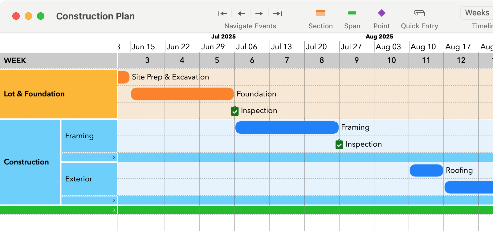 Partial screenshot of TimeStory (Mac version) with the home-construction example timeline loaded, and several sections collapsed