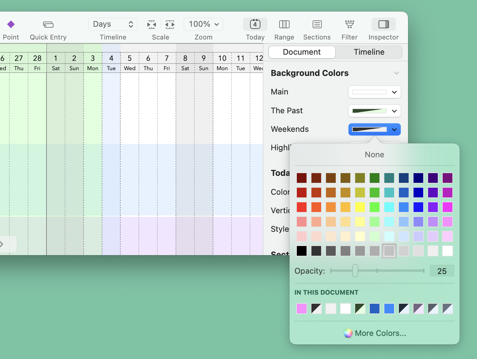 Partial screenshot of TimeStory (Mac version) showing the new Opacity control in the color picker, and a partial timeline