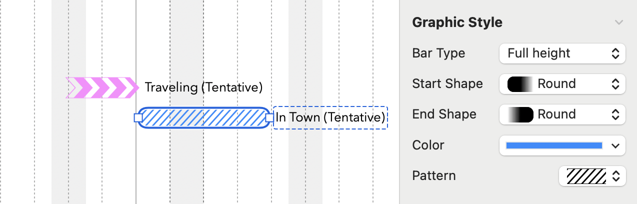 Partial screenshot of TimeStory (Mac version) showing a couple of different event patterns and the new Pattern field in the Inspector