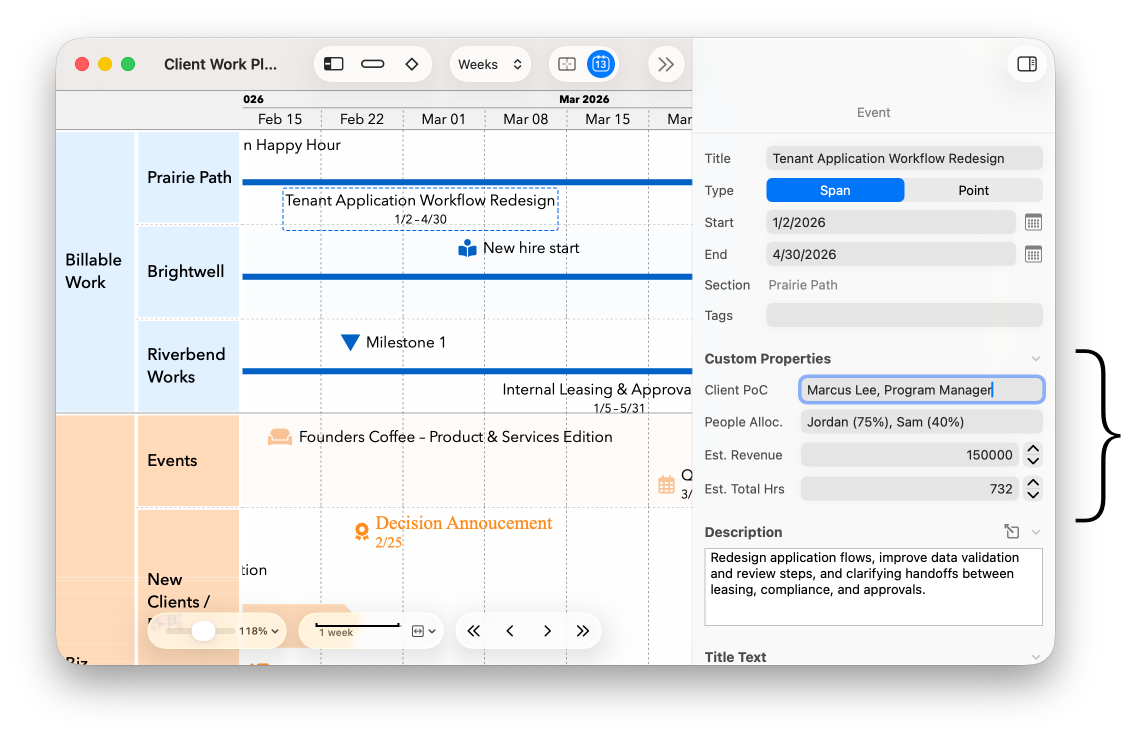The TimeStory window, showing a timeline with some custom properties, with the Custom Properties section of the Inspector highlighted