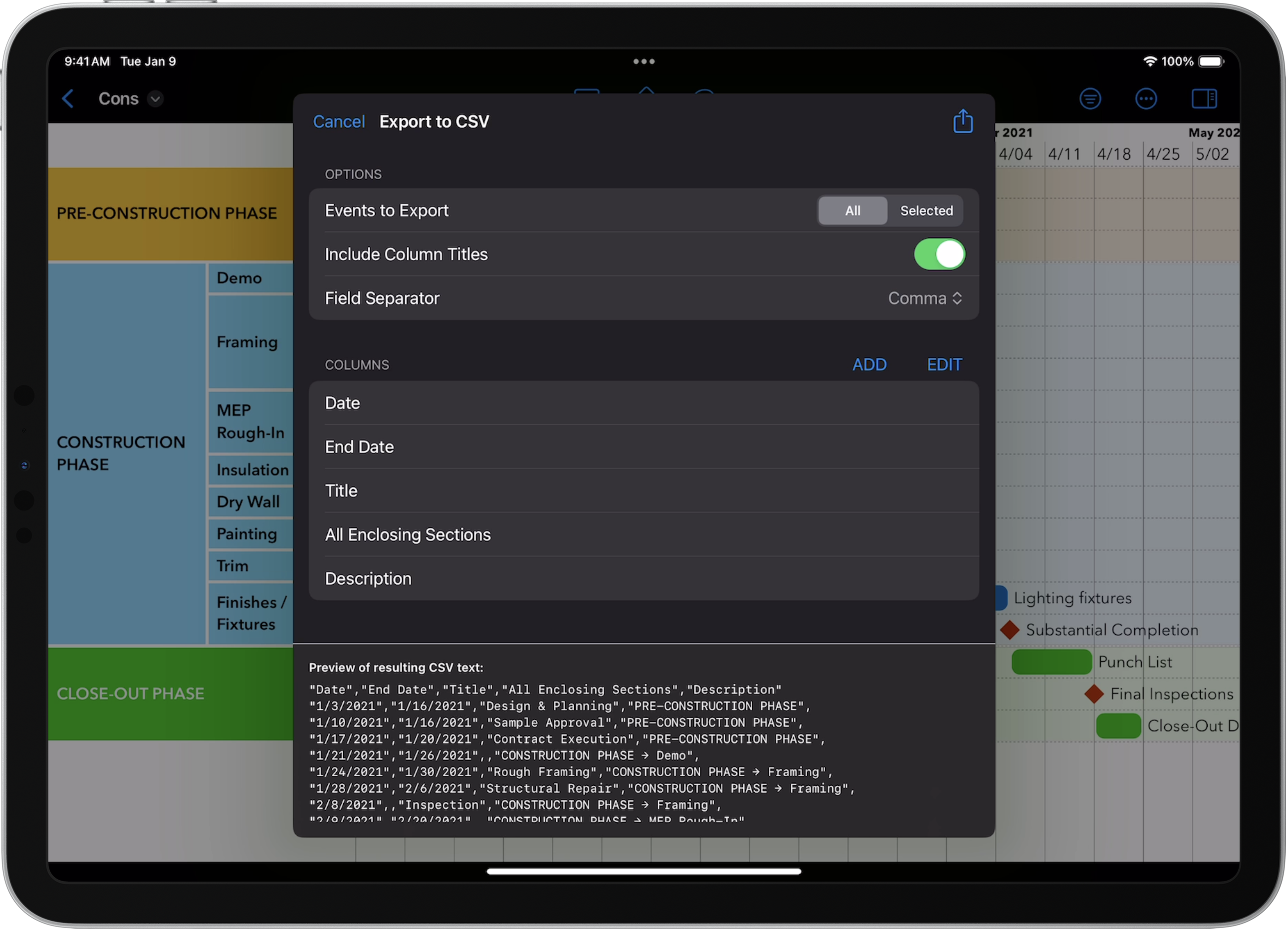 An iPad Pro running TimeStory, with a construction timeline opened and the Export to CSV sheet presented atop it. In this sheet there are options including which events to export, whether to include column titles in the output file, what field separator to use, and the list of desired columns. At the bottom is a preview of the resulting CSV file.