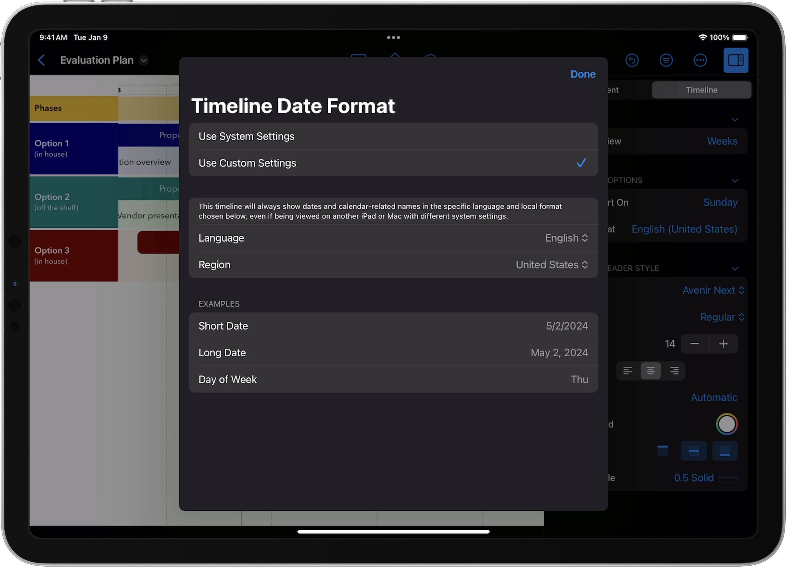An iPad Pro running TimeStory, showing the Timeline Date Format sheet. There are two main options, Use System Settings and Use Custom Settings; Use Custom Settings is selected. Below that are independent choices for language (currently English) and region (currently United States), followed by example text showing how dates and weekdays look under these settings.