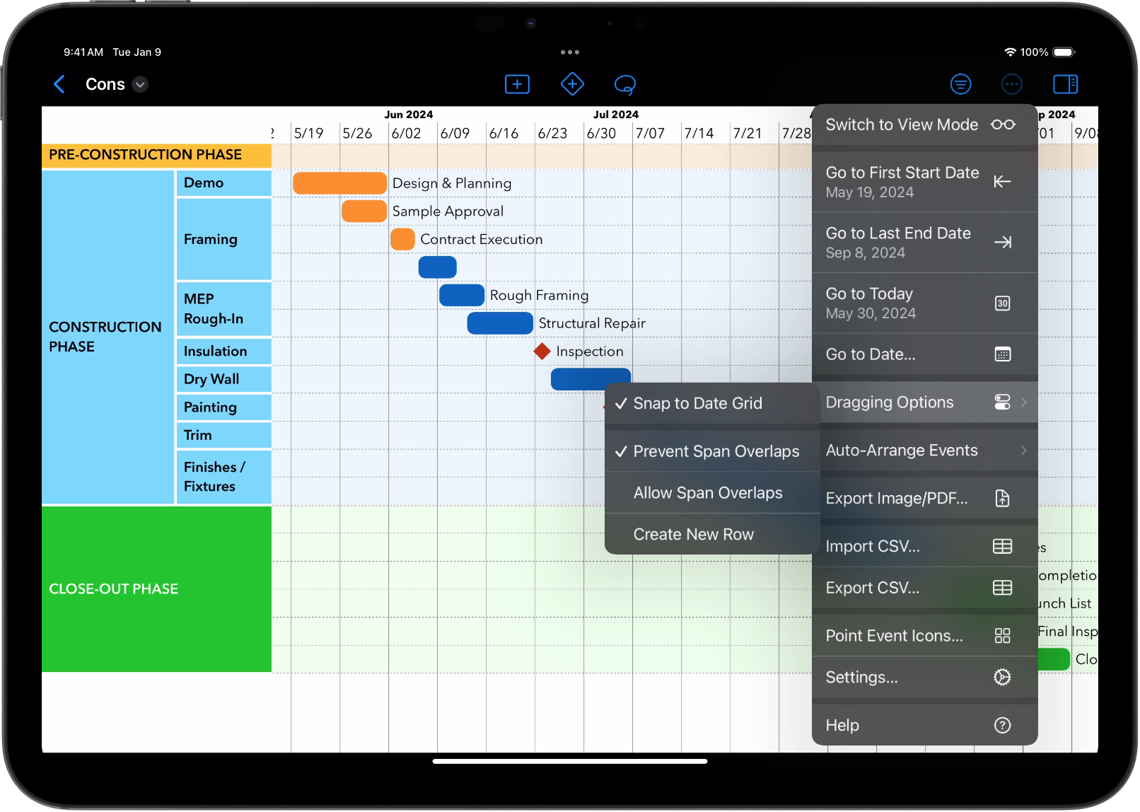 Image of an iPad Pro running TimeStory with the main editing menu open and the Dragging Options submenu expanded, showing the on/off Snap to Date Grid option plus three choices for how to handle overlaps