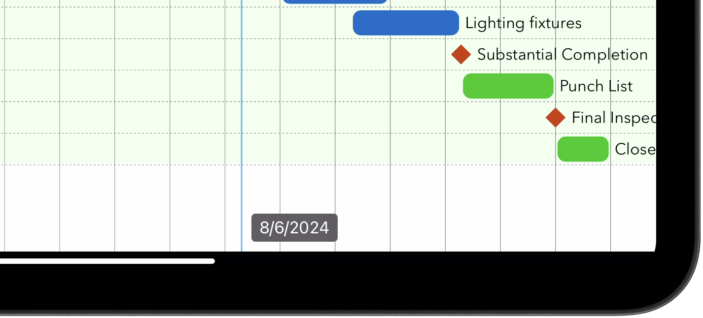 Partial image of an iPad Pro running TimeStory with a light blue vertical line labeled with a date