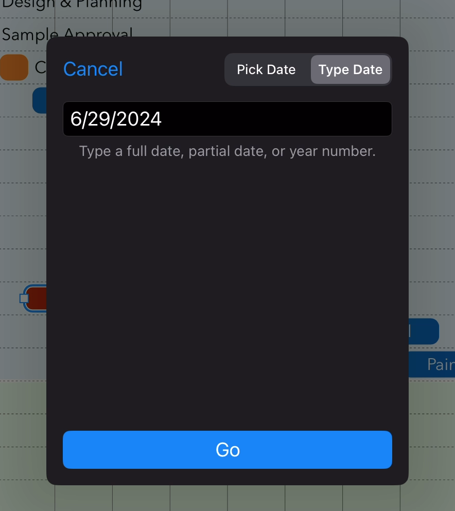A partial iPad screenshot showing a dialog sheet with two choices in the upper right corner: Pick Date and Type Date. The Type Date choice is active, and there's a text input with a date typed in it