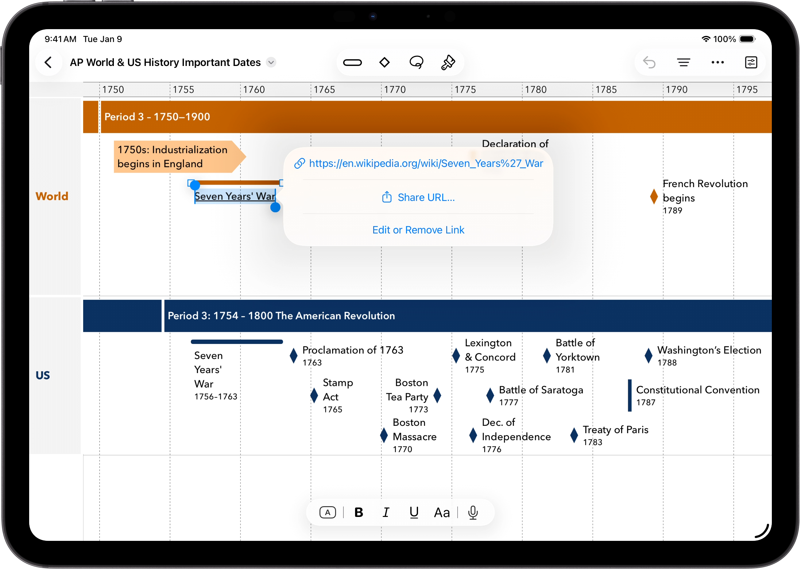 TimeStory on iPad, showing an AP History study timeline, with a link in an event title tapped and showing its destination, share button, and edit button