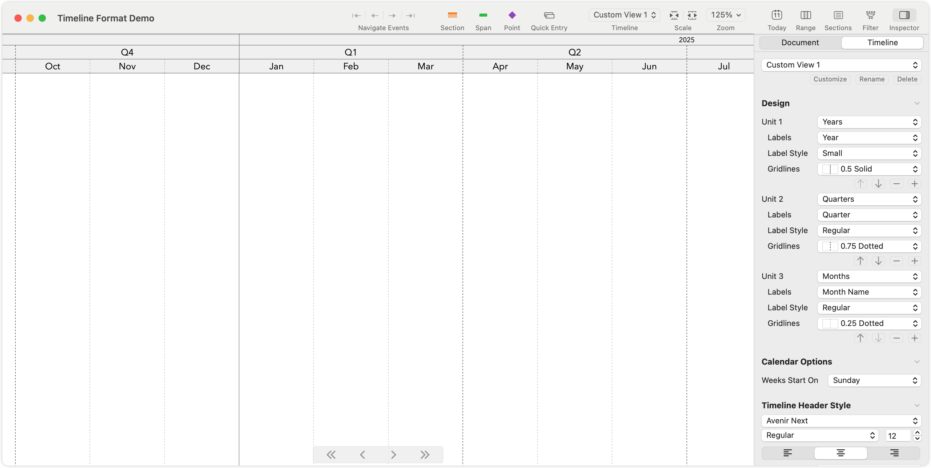 TimeStory for Mac with an otherwise blank timeline loaded but its timeline header customized to show years, quarters, and months. The Inspector is open, with the Timeline settings visible, showing a series of time units, labeling options, label style options, and gridline options, plus other details such as the first day of the week.